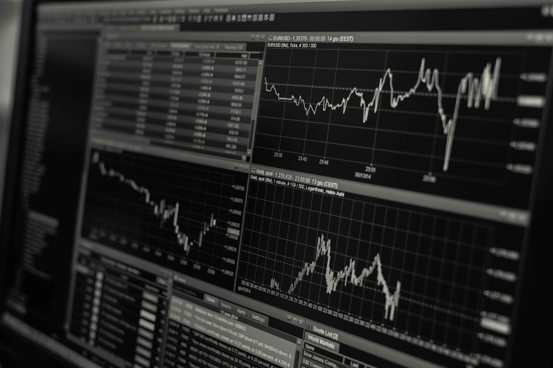Monochrome trading screens showing market charts